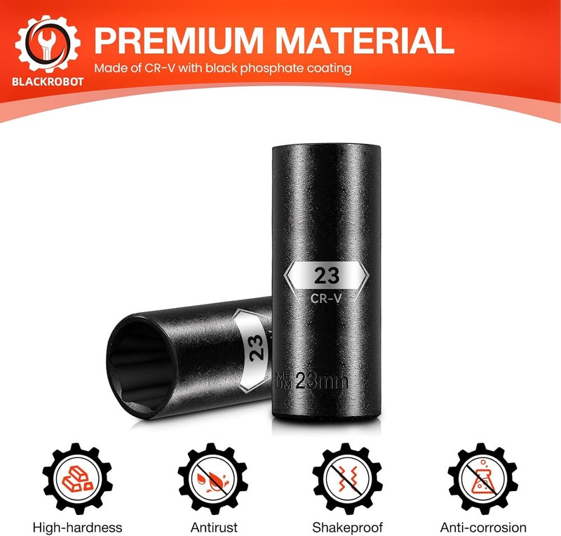 BLACKROBOT 1/2 Inch Drive 6-Point Deep Socket, 23mm Deep Impact Socket, CR-V Steel - Image 3
